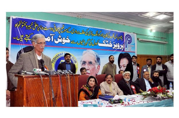 cm khattak addressing guests at the oath taking ceremony of peshawar press club s newly elected cabinet on thursday photo nni