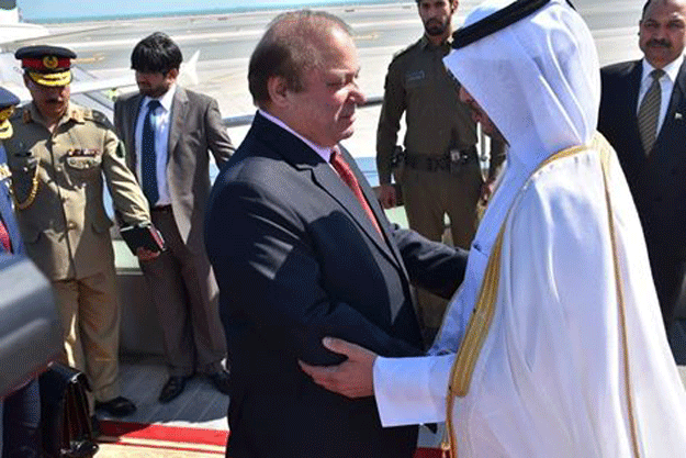 pm nawaz sharif being received by prime minister of qatar sheikh abdullah bin nasir bin khalifa al thani at hamad international airport doha on february 10 2016 photo pid