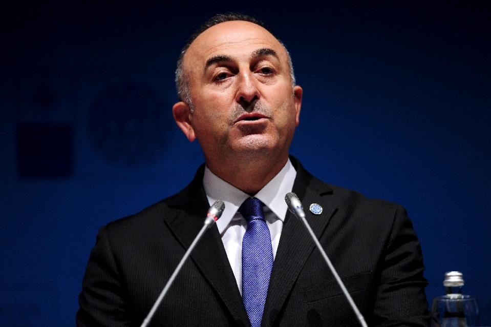 turkish foreign minister mevlut cavusoglu speaks during a press conference on may 12 2015 in antalya on the eve of meetings of nato ministers of foreign affairs photo afp