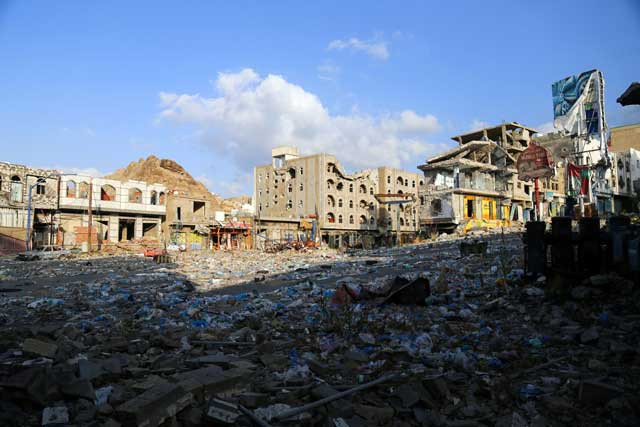 a general view taken on february 12 2016 shows heavily damaged buildings in yemen 039 s third city taez as a result of clashes between shia huthi rebels and fighters from the popular resistance committees loyal to yemen 039 s fugitive president abedrabbo mansour hadi photo afp
