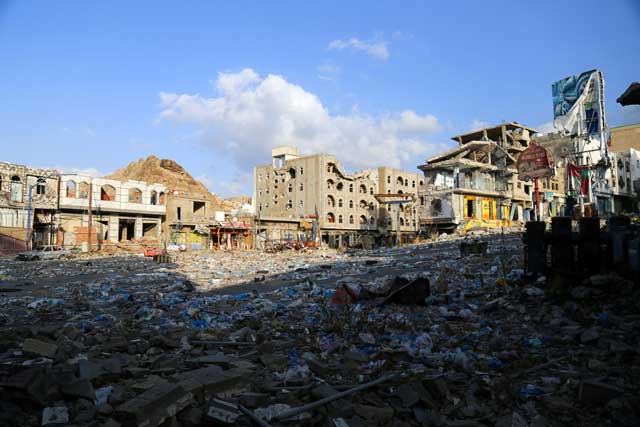 a general view taken on february 12 2016 shows heavily damaged buildings in yemen 039 s third city taez as a result of clashes between shia huthi rebels and fighters from the popular resistance committees loyal to yemen 039 s fugitive president abedrabbo mansour hadi photo afp