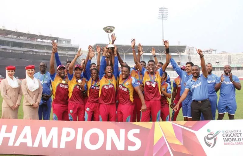 west indies players break into wild celebrations after defeating india by five wickets in the u19 world cup final at the shere bangla national stadium photo courtesy icc west indies players break into wild celebrations after defeating india by five wickets in the u19 world cup final at the shere bangla national stadium photo courtesy icc