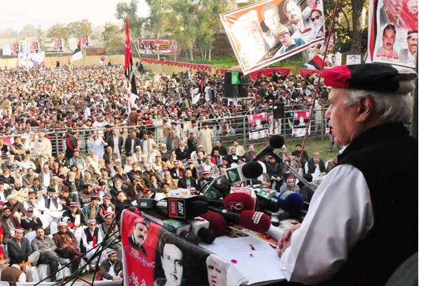 qwp chief speaking at a ceremony organised in tangi charsadda on sunday to commemorate the 41st death anniversary of former k p governor hayat muhammad khan sherpao photo nni