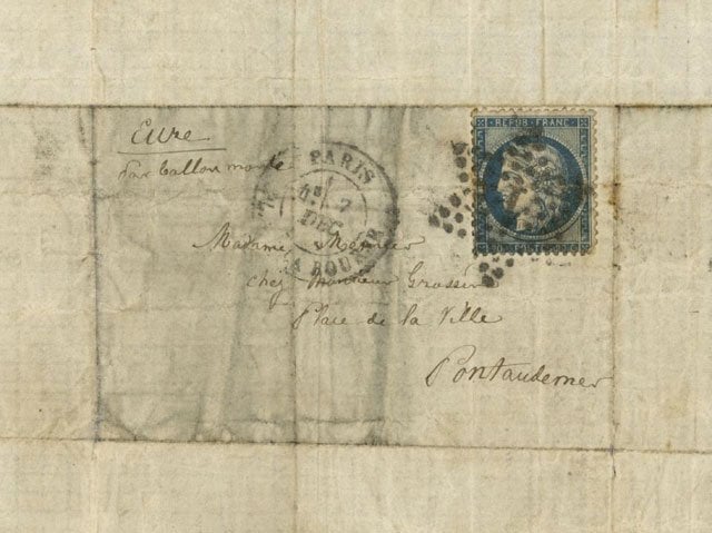 a tiny letter from a man to his mother flown out of paris by hot air balloon during the prussian siege and which has turned up in australia 039 s national archives saying he was keen to know the family 039 s fate photo afp