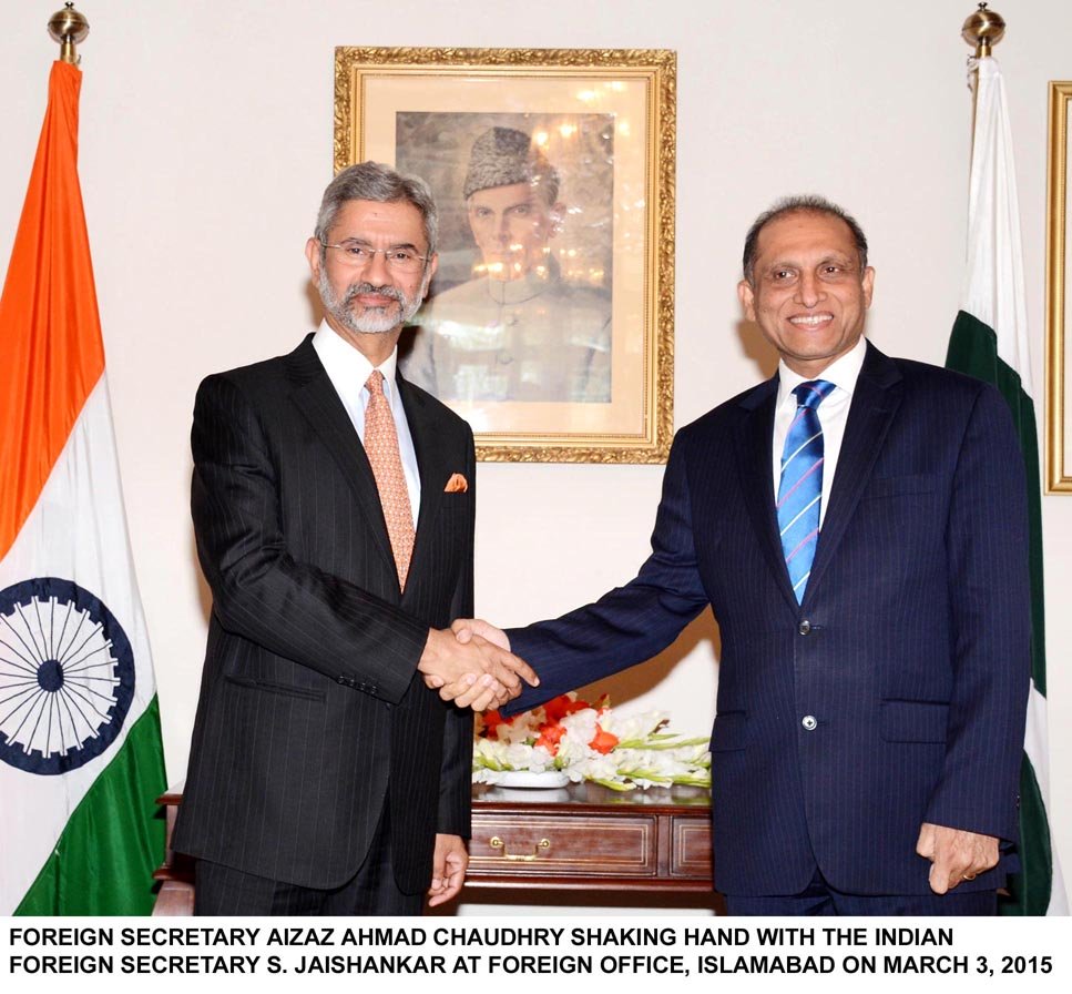 foreign secretary aizaz ahmed chauhdhary shakes hands with his indian counterpart s jaishankar at the foreign office in islamabad on march 3 2015 photo pid