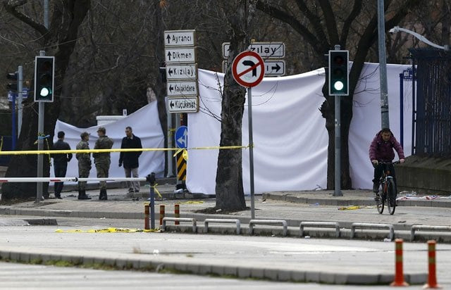 the entrance of a street which leads to the site of last night 039 s explosion site is blocked by canvas in ankara turkey february 18 2016 twenty eight people were killed and dozens wounded in turkey 039 s capital ankara on wednesday when a car laden with explosives detonated next to military buses near the armed forces 039 headquarters parliament and other government buildings the turkish military condemned what it described as a terrorist attack on the buses as they waited at traffic lights in the administrative heart of the nato member 039 s capital photo reuters
