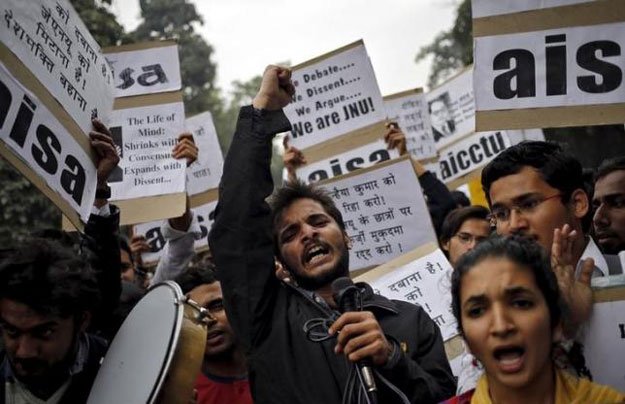 demonstrators shout slogans as they hold placards during a protest demanding the release of kanhaiya kumar a jawaharlal nehru university jnu student union leader accused of sedition in new delhi india february 18 2016 photo reuters