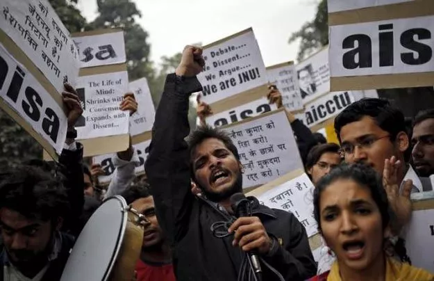 demonstrators shout slogans as they hold placards during a protest demanding the release of kanhaiya kumar a jawaharlal nehru university jnu student union leader accused of sedition in new delhi india february 18 2016 photo reuters demonstrators shout slogans as they hold placards during a protest demanding the release of kanhaiya kumar a jawaharlal nehru university jnu student union leader accused of sedition in new delhi india february 18 2016 photo reuters
