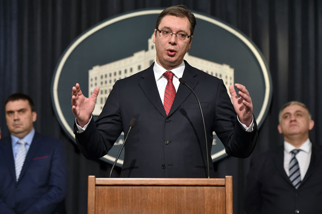 serbian prime minister aleksandar vucic addresses a press conference in belgrade on february 20 2016 after a us strike on an islamic state militant camp in libya killed two serbian embassy employees who were kidnapped in the area in november photo afp