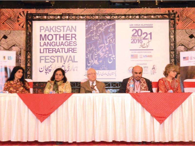 visitors taking keen interest in books at book exhibition in pakistan mother languages literature festival at lok virsa top panelists speak at a session in the festival photos muhammad javaid hafsah sarfaraz expresss