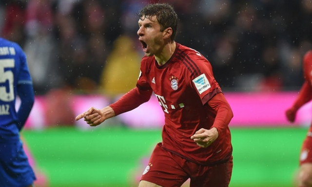 thomas mueller celebrates scoring a tremendous bicycle kick his 17th goal in the bundesliga this season photo afp thomas mueller celebrates scoring a tremendous bicycle kick his 17th goal in the bundesliga this season photo afp