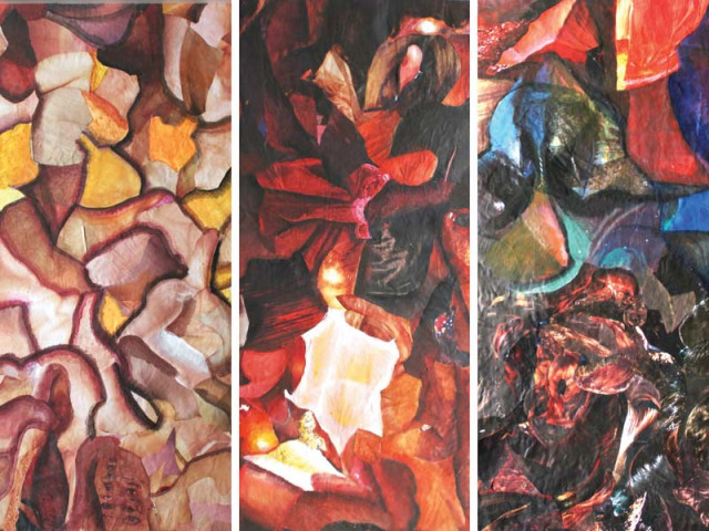 manganhar s work on collage paper seems like an abstract of colors with hues surrounding them photos courtesy chawkandi art gallery manganhar s work on collage paper seems like an abstract of colors with hues surrounding them photos courtesy chawkandi art gallery