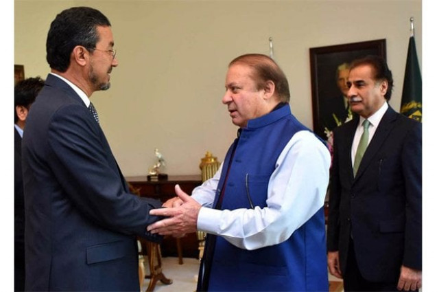 prime minister nawaz sharif welcoming afghan wolesi jirga s speaker abdul raouf ibrahimi at pm house photo inp prime minister nawaz sharif welcoming afghan wolesi jirga s speaker abdul raouf ibrahimi at pm house photo inp