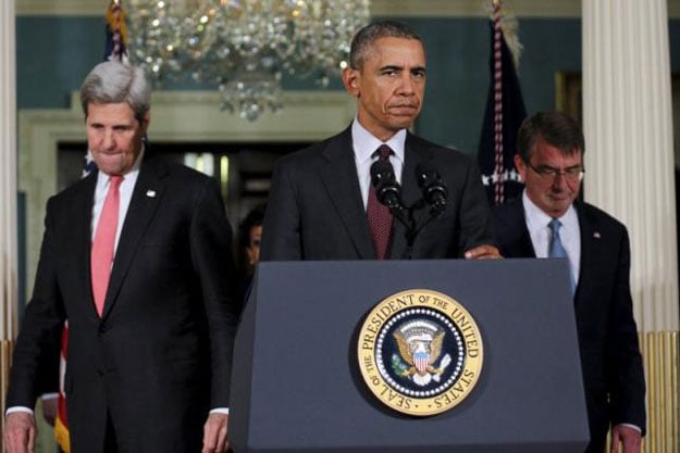 us president barack obama arrives to deliver a statement after meeting with the national security council at the state department in washington d c february 25 2016 next to the president u s secretary of state john kerry l and u s defense secretary ash carter r reuters