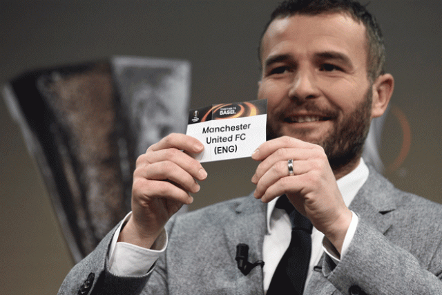uefa europa league final ambassador alexander frei shows the name of manchester united during the round of 16 draw of the uefa europa league football championship at the uefa headquarters in nyon on february 26 2016 photo afp uefa europa league final ambassador alexander frei shows the name of manchester united during the round of 16 draw of the uefa europa league football championship at the uefa headquarters in nyon on february 26 2016 photo afp