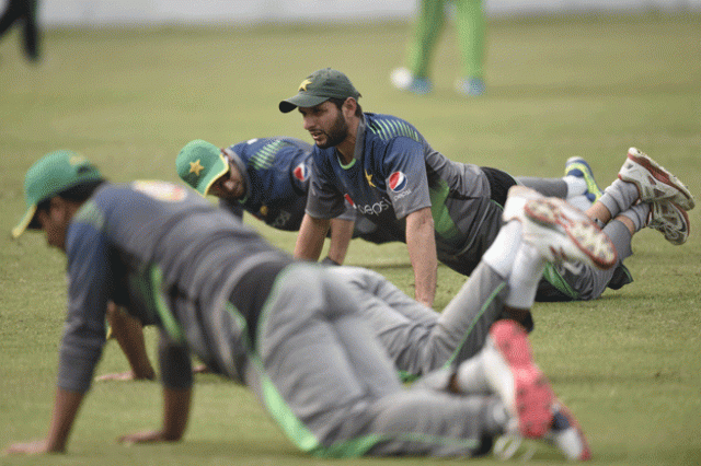 pakistan captain shahid afridi stretches during a training session at the khan shaheb osman ali stadium in fatullah on february 26 2016 photo afp pakistan captain shahid afridi stretches during a training session at the khan shaheb osman ali stadium in fatullah on february 26 2016 photo afp