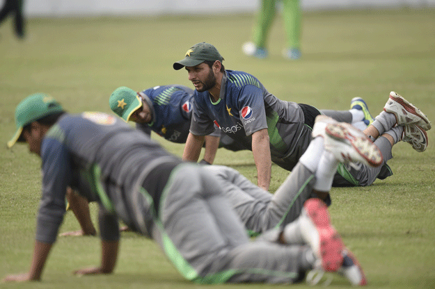 pakistan captain shahid afridi stretches during a training session at the khan shaheb osman ali stadium in fatullah on february 26 2016 photo afp