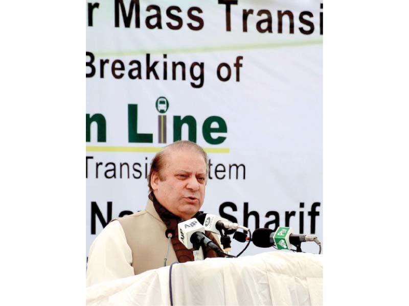 prime minister nawaz sharif laid down the foundation for the green line bus rapid transit at nazimabad s annu bhai park on friday photo app