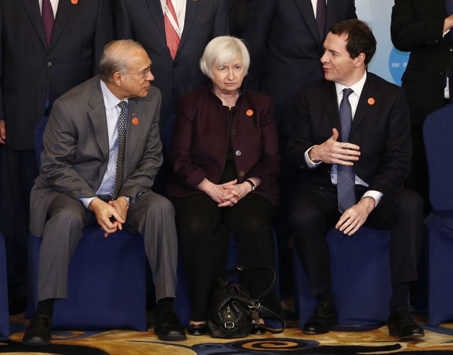 l to r organisation for economic co operation and development oecd secretary general jose angel gurria us federal reserve board chair janet yellen and british chancellor of the exchequer george osborne chat as they pose for a quot family photo quot for the g20 finance ministers and central bank governors meeting at the pudong shangri la hotel in shanghai on february 27 2016 photo afp