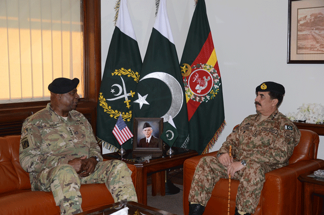 army chief general raheel sharif in a meeting with outgoing us centcom general lloyd at ghq on february 28 2016 photo ispr