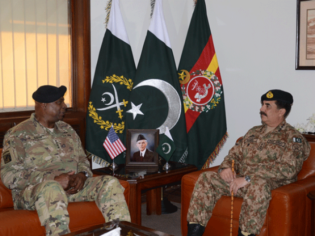 army chief general raheel sharif in a meeting with outgoing us centcom general lloyd at ghq on february 28 2016 photo ispr