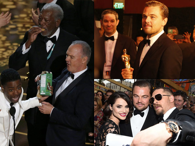 morgan freeman eating girl scout cookies on stage leo excitedly getting his award engraved we 039 ve got you covered photo file