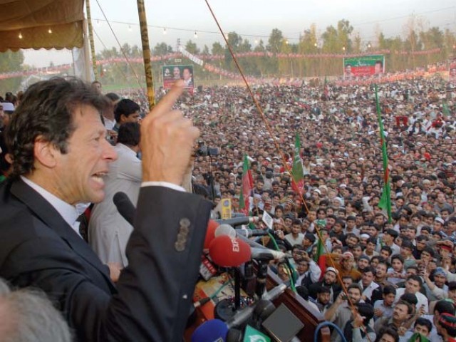 pakistan tehreek i insaf chief imran khan addressing the crowd at peshawar photo ghaffar baig express