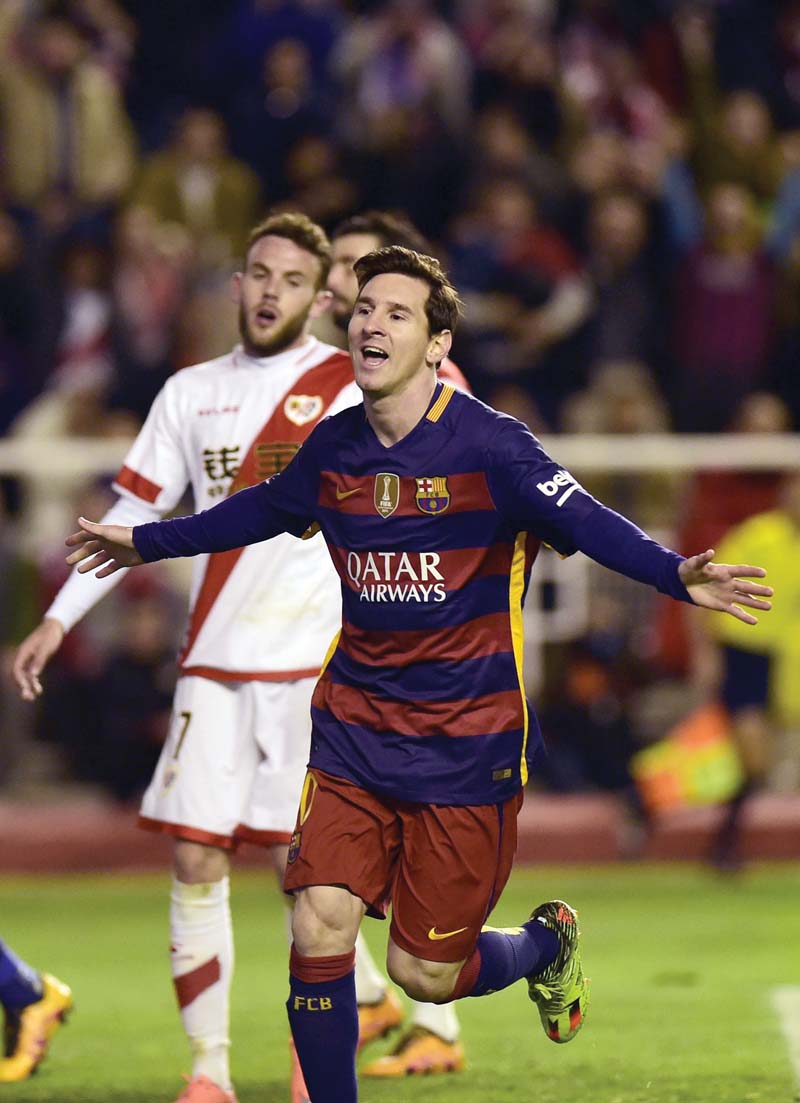 lionel messi scored a hat trick as barca set a spanish football record of 35 consecutive games unbeaten in all competitions with a 5 1 win at rayo vallecano on thursday photo afp