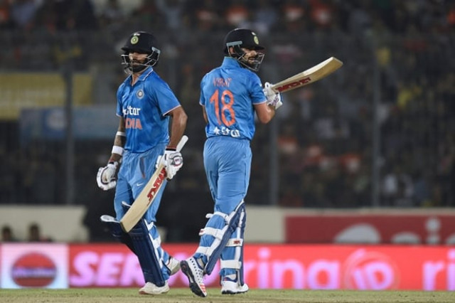virat kohli and shikhar dhawan during the asia cup t20 final between bangladesh and india at the shere bangla national cricket stadium in dhaka on march 6 2016 photo afp virat kohli and shikhar dhawan during the asia cup t20 final between bangladesh and india at the shere bangla national cricket stadium in dhaka on march 6 2016 photo afp