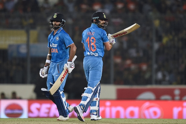 virat kohli and shikhar dhawan during the asia cup t20 final between bangladesh and india at the shere bangla national cricket stadium in dhaka on march 6 2016 photo afp