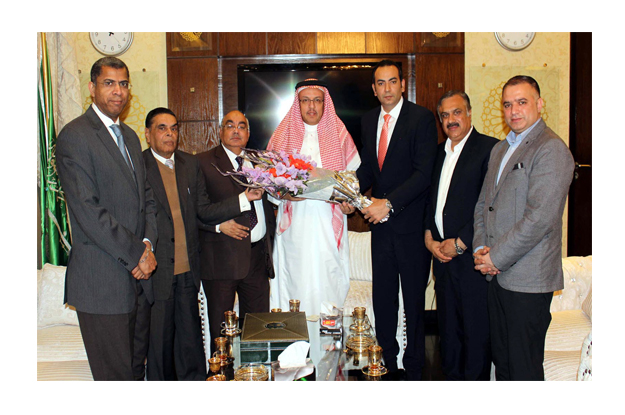 president icci presenting flower bouquet to saudi ambassador abdullah marzouq al zahrani photo inp