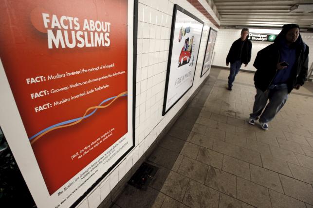 a poster promoting the new documentary film 039 the muslims are coming is seen inside the city hall subway station in the manhattan borough of new york city march 7 2016 humorous ads for a documentary film that aims to promote understanding and tolerance of muslims went up in new york subways on monday after the movie 039 s production company won a legal battle with the city 039 s transit authority photo reuters