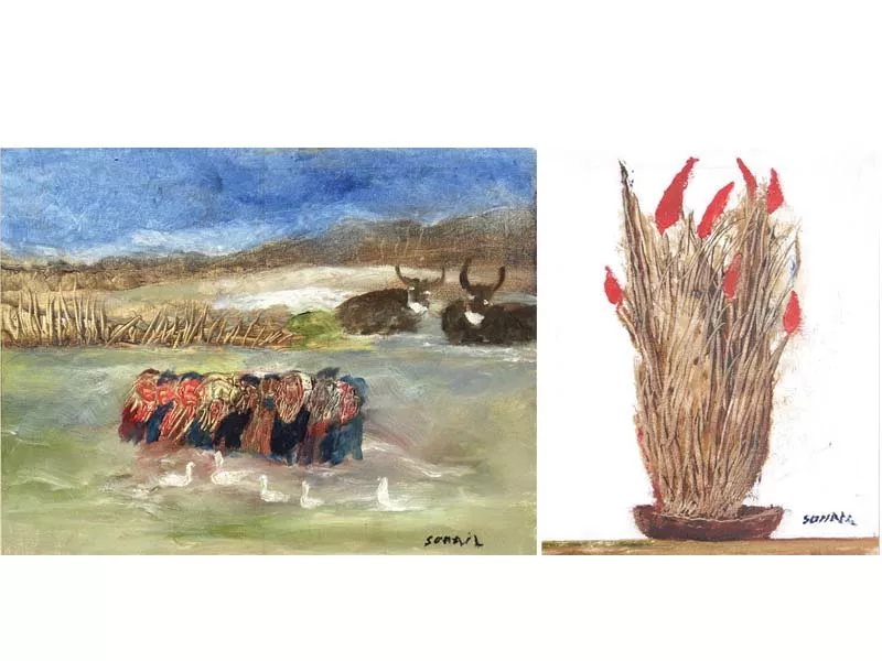 a recurrent feature in the paintings is a focus on roots sometimes appearing as branches and other times as trunks photos courtesy art chowk gallery a recurrent feature in the paintings is a focus on roots sometimes appearing as branches and other times as trunks photos courtesy art chowk gallery