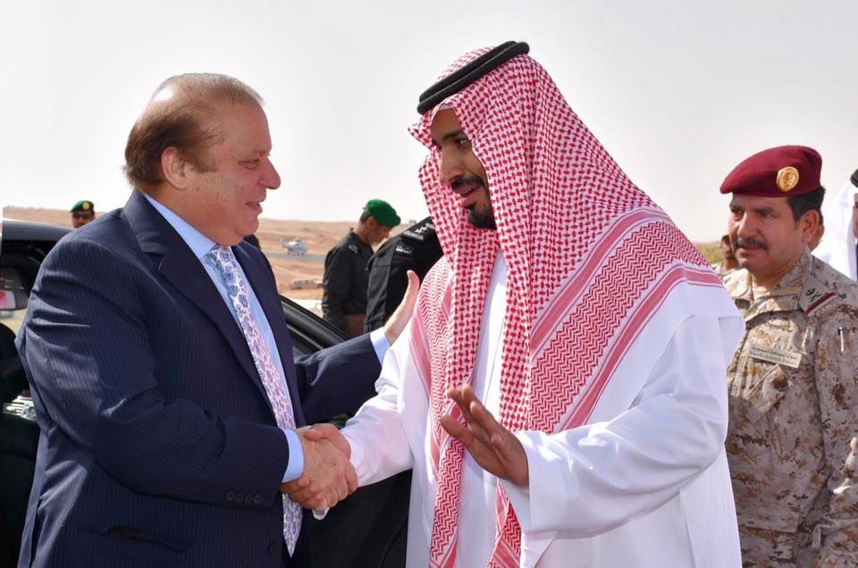prime minister nawaz sharif being recieved by saudi defence minister prince muhammad bin saleman at the venue of north thunder joint military excercise at hafar ul batin saudia arabia on march 10 2016 photo pid