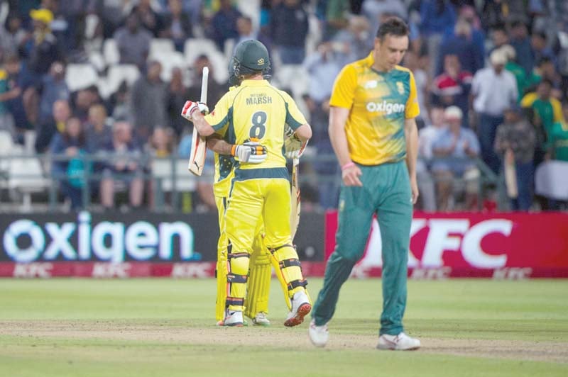 australian batsmen celebrate after winning the third and final t20i against south africa to complete a come from behind series win photo afp