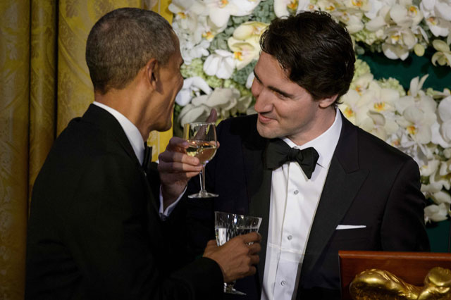 us president barack obama l and canadian prime minister justin trudeau toast during a state dinner at the white house march 10 2016 in washington dc photo afp