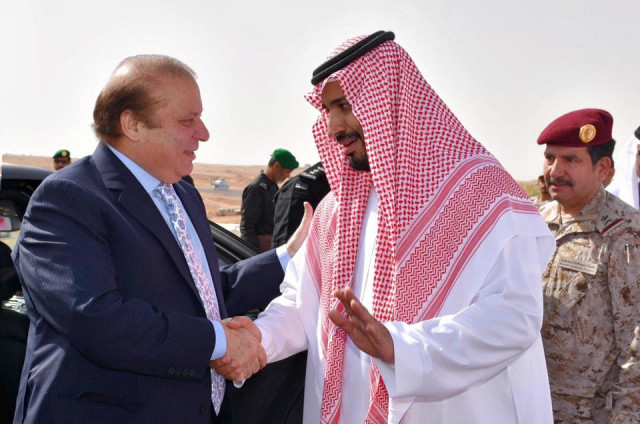prime minister nawaz sharif being recieved by saudi defence minister prince muhammad bin saleman at the venue of north thunder joint military excercise at hafar ul batin saudia arabia on march 10 2016 photo pid prime minister nawaz sharif being recieved by saudi defence minister prince muhammad bin saleman at the venue of north thunder joint military excercise at hafar ul batin saudia arabia on march 10 2016 photo pid