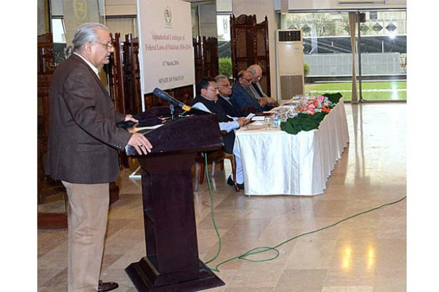 senate chairman mian raza rabbani addressing the launching ceremony of a book titled quot alphabetical catalogue of laws of pakistan since 1836 to 2014 quot photo app