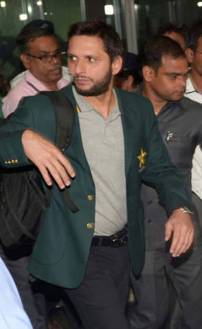 sahid afridi looks on as the team arrives for the t20 world cup cricket tournament at the netaji subhas chandra bose international airport in kolkata on march 12 2016 photo afp sahid afridi looks on as the team arrives for the t20 world cup cricket tournament at the netaji subhas chandra bose international airport in kolkata on march 12 2016 photo afp