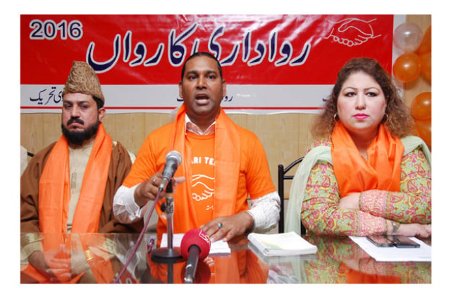 rawadari tehreek chairman samson salamat addressing a press conference photo express