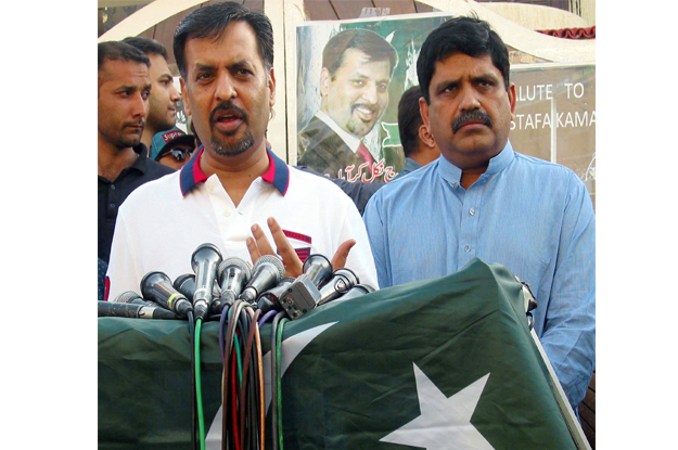 former mayor of karachi mustafa kamal along with anees qaimkhani addresses to media persons during press conference outside hi residency photo ppi