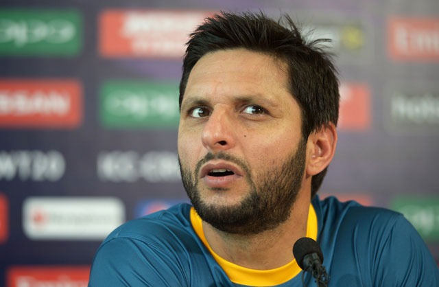 pakistan 039 s captain shahid afridi gestures as he addresses media representatives at a press conference at the eden gardens cricket stadium in kolkata on march 13 2016 ahead of the world t20 cricket tournament photo afp