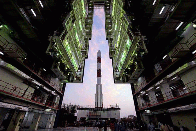 the pslv c32 launch vehicle with irnss 1f satellite being moved out of vehicle assembly building photo courtesy isro the pslv c32 launch vehicle with irnss 1f satellite being moved out of vehicle assembly building photo courtesy isro