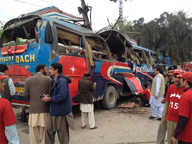 15 killed dozens injured in peshawar bus explosion