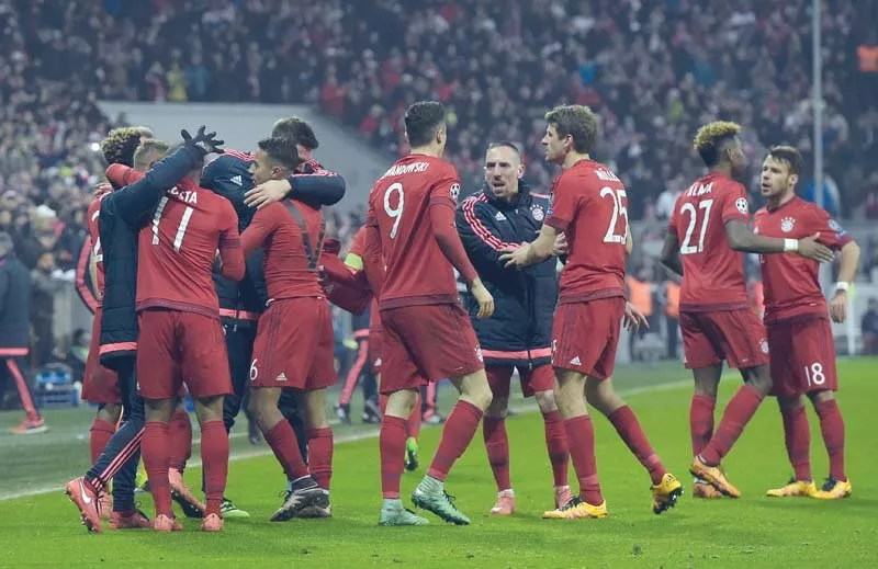 bayern players celebrate spanish midfielder thiago alcantara s hidden goal in extra time which made the score 3 2 on the night and 5 4 on aggregate in bayern s favour kingsley coman made it 4 2 soon after photo afp bayern players celebrate spanish midfielder thiago alcantara s hidden goal in extra time which made the score 3 2 on the night and 5 4 on aggregate in bayern s favour kingsley coman made it 4 2 soon after photo afp