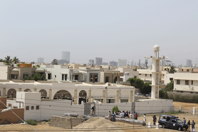 a police mobile parked outside the umar bun abdula aziz mosque in dha phase vii karachi on march 18 2016 photo express