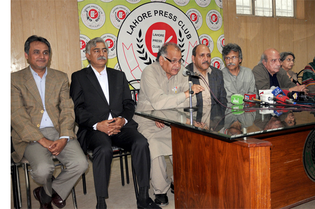 members of joint action committee addressing a press conference at lahore press club photo express