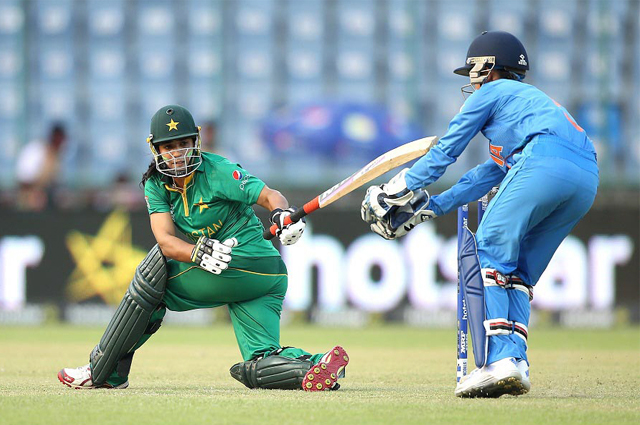 sidra ameen tries to sweep the ball during group b icc women t20 against india photo inp