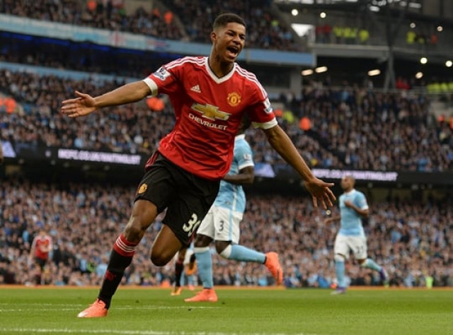 marcus rashford celebrates scoring his team 039 s first goal against manchester city at the etihad stadium in manchester on march 20 2016 photo afp marcus rashford celebrates scoring his team 039 s first goal against manchester city at the etihad stadium in manchester on march 20 2016 photo afp