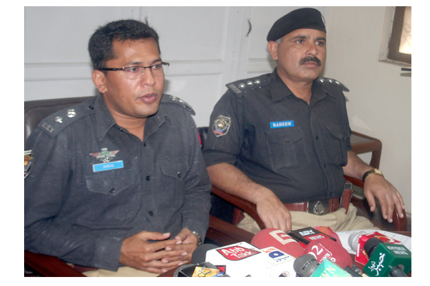 ssp traffic sadiq baloch talking to the media at traffic police headquarters in the city on monday photo express